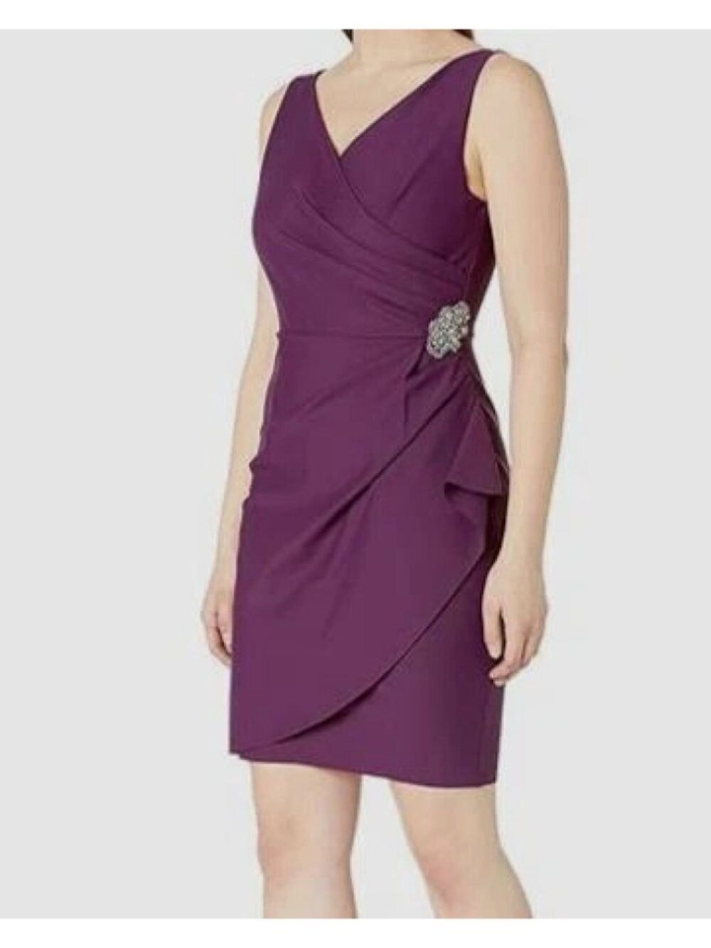 Alex Evenings Women's Slimming Short Ruched Dress with Ruffle 2 Plum NWT